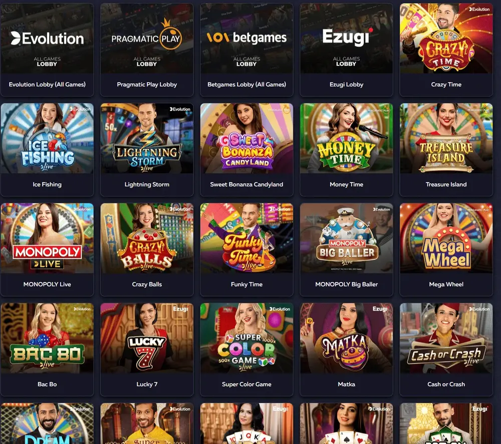 Vavada lobi live kazina — lobiji Evolution, Pragmatic Play, Betgames i Ezugi, pored igara Crazy Time, Monopoly Live, Funky Time i Bac Bo